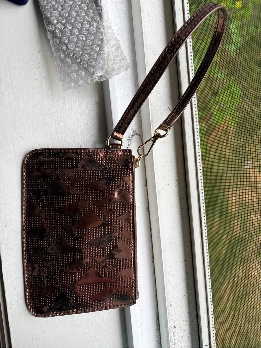 Michael Kors Metallic Rose Bronze MK Logo Wristlet Clutch